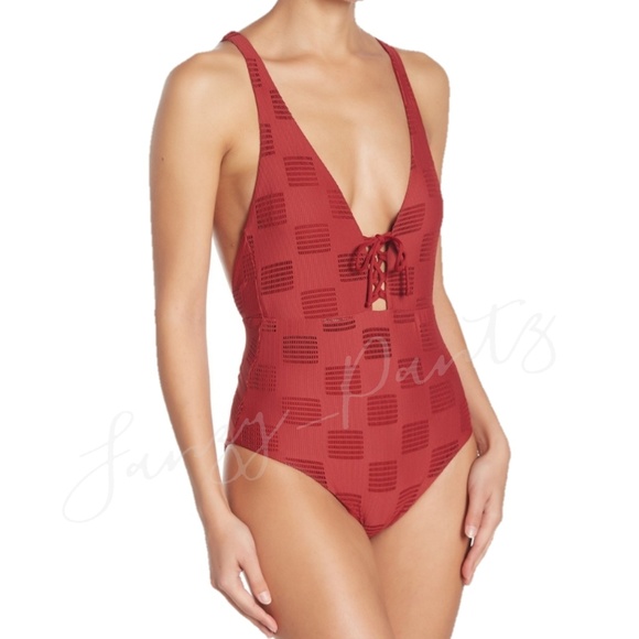 Onia Iona one piece swimsuit plunge lace up red - Picture 3 of 7